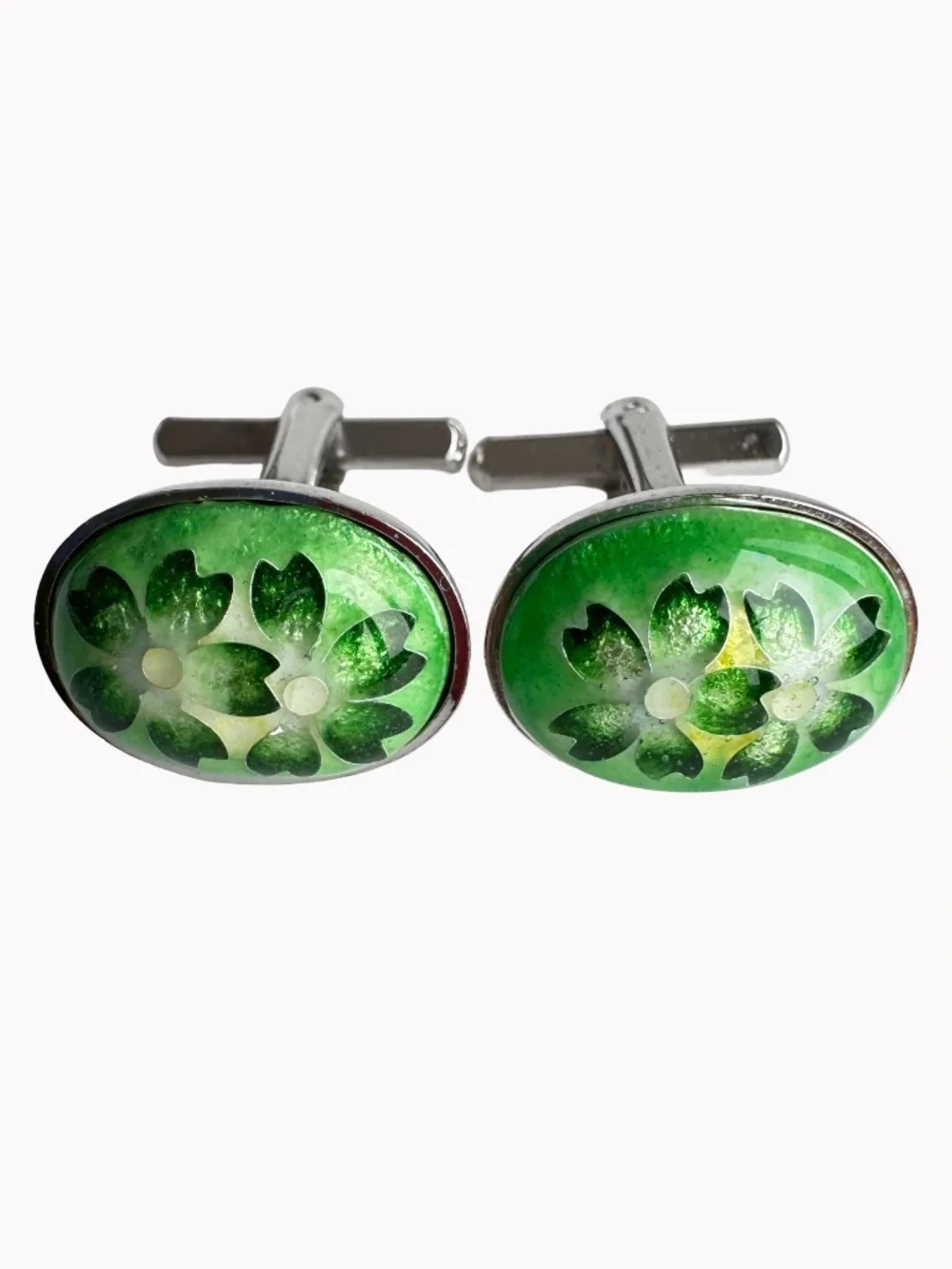Vintage Cloisonne Enamel Cufflinks Green Floral Oval Silver Tone Mens Accessory